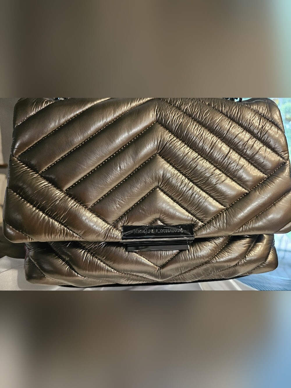 NWT Armani Exchange Metallic Gunmetal Quilted Chain Shoulder Bag - Picture 4 of 14